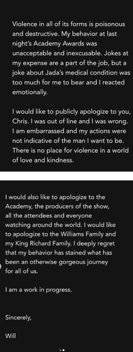 Will Smith apologize via his Instagram